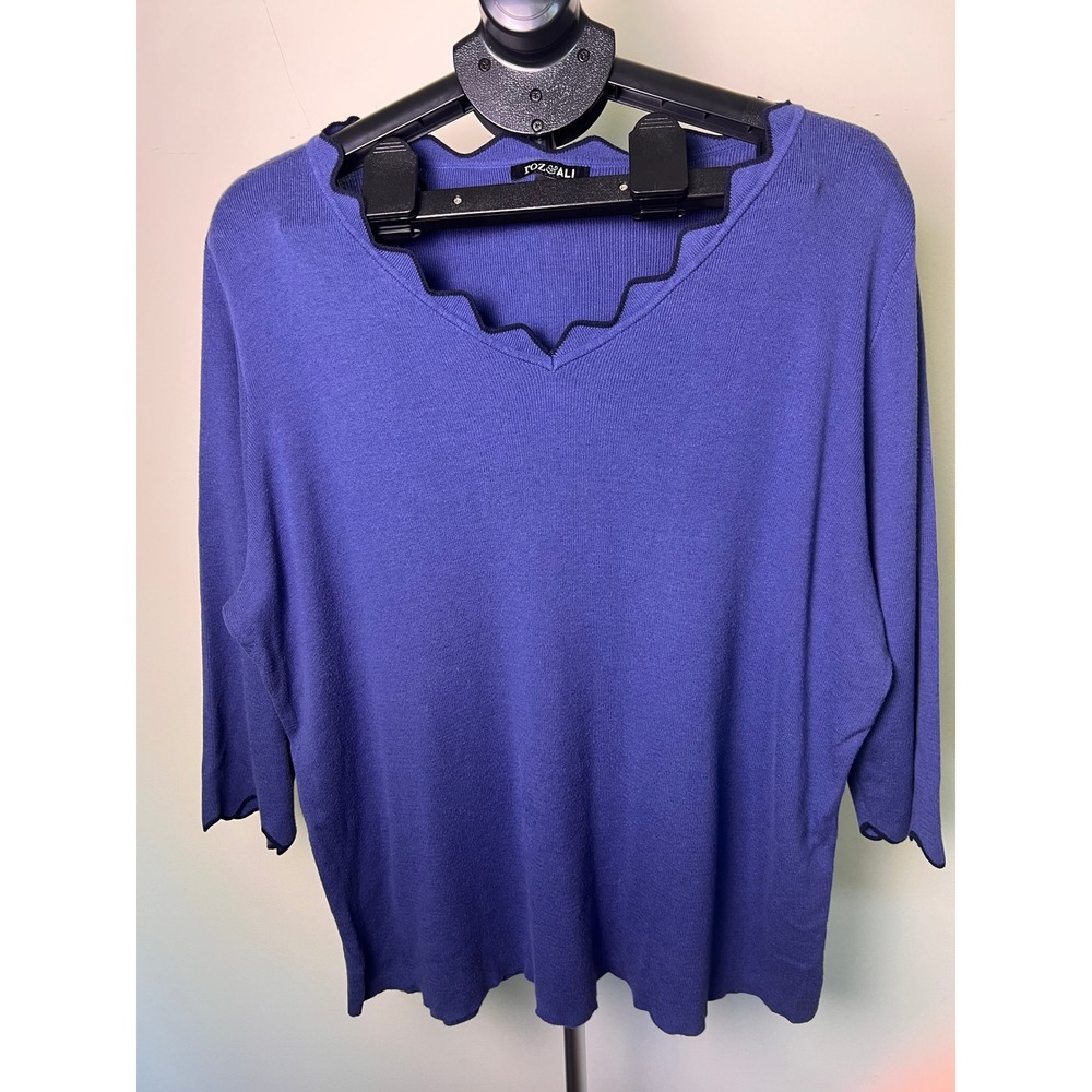 Roz & Ali Sweater Woman 3X Blue Good Scalloped V-Neck 3/4 Sleeve Knit Pullover